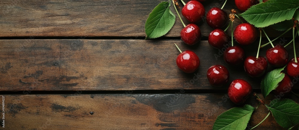 Poster sour cherries background of a wooden table. with copy space image. place for adding text or design