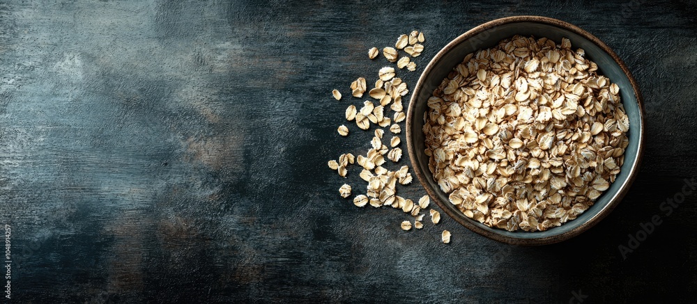 Poster raw oat flakes in a bowl with different ingredients for breakfast on a dark rustic wooden surface to