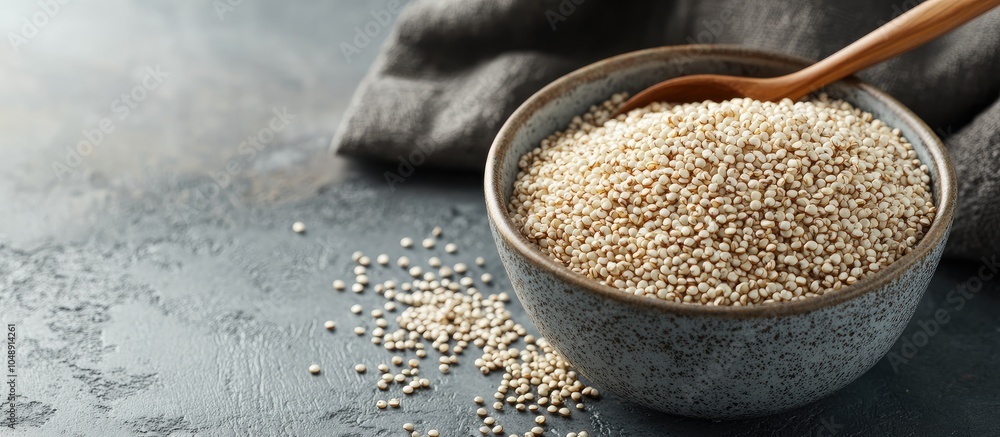 Poster a bowl of uncooked dry white quinoa seeds with a spoon on a gray table viewed up close. with copy sp