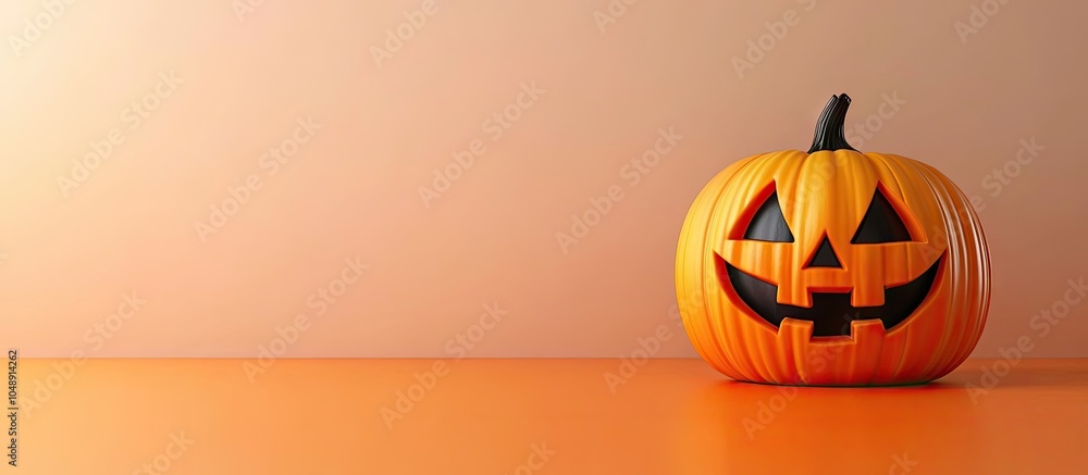 Poster Happy Halloween pumpkin with festive decorations on an orange floor against a white wall background Empty space for text design. with copy space image. Place for adding text or design