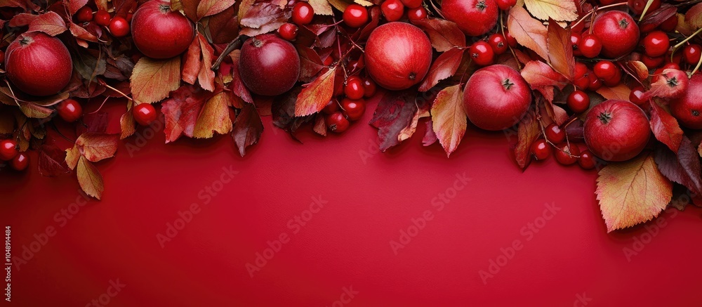 Leinwandbilder red fruit and leaf backdrop hawthorn and fallen foliage. with copy space image. place for adding tex