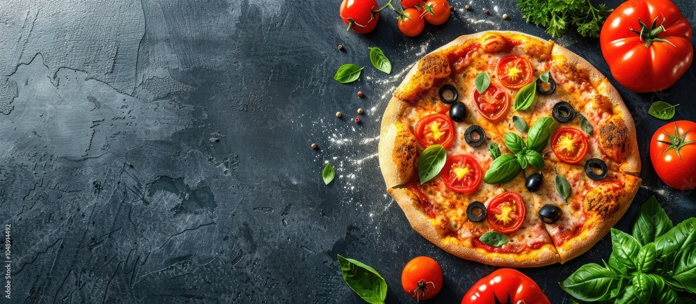Aufkleber homemade pizza is on a provence table viewed from above. with copy space image. place for adding tex
