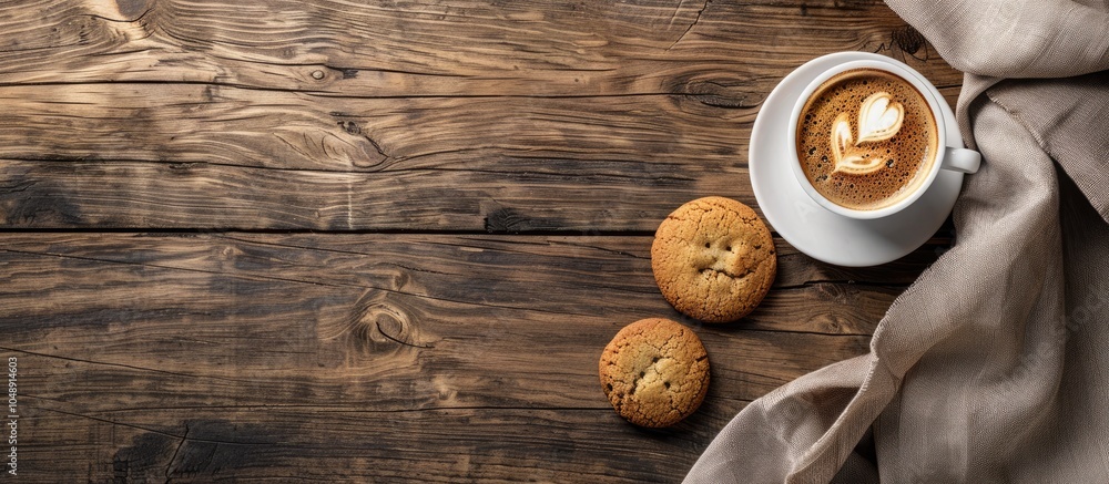 Leinwandbilder top view of espresso coffee accompanied by two cookies on a cloth placed on a wooden table leaving c