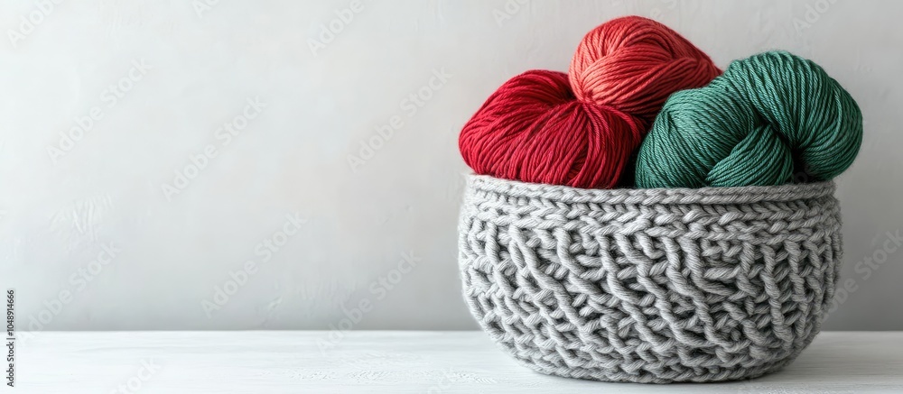Poster green and red yarn in a gray knitted basket on a white table concept of home comfort and christmas k