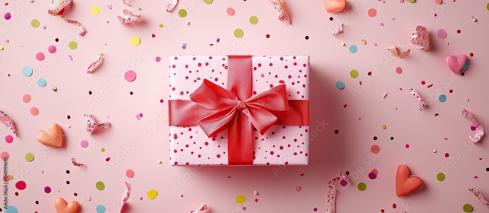 Poster gift with confetti bows and paper decorations concept theme for valentine s day or birthday party fl