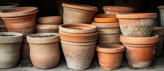 Old terracotta plant pots piled in a shed. with copy space image. Place for adding text or design