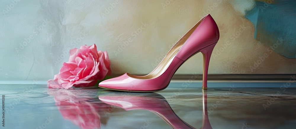 Poster Still life with pink heels. with copy space image. Place for adding text or design