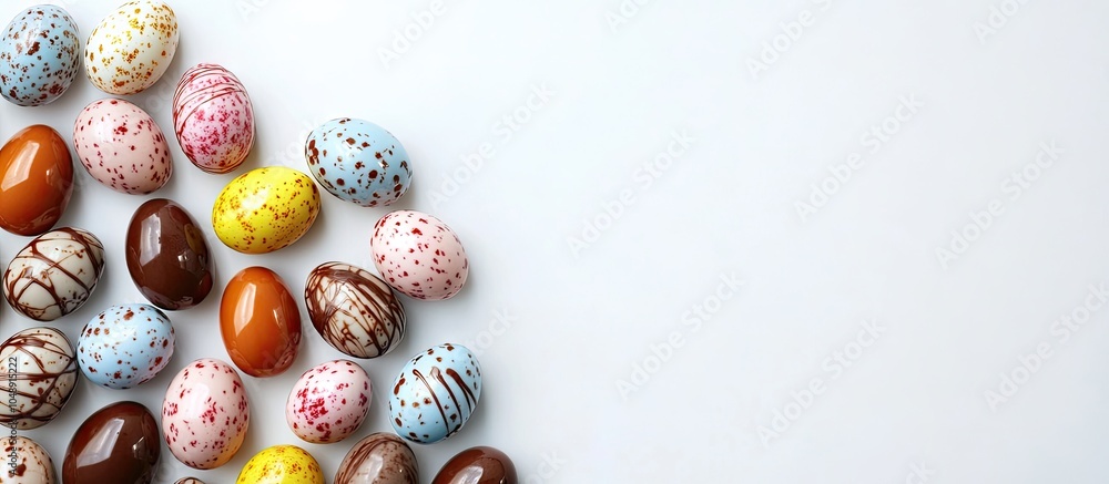 Poster Colorful chocolate Easter eggs on a white background. with copy space image. Place for adding text or design