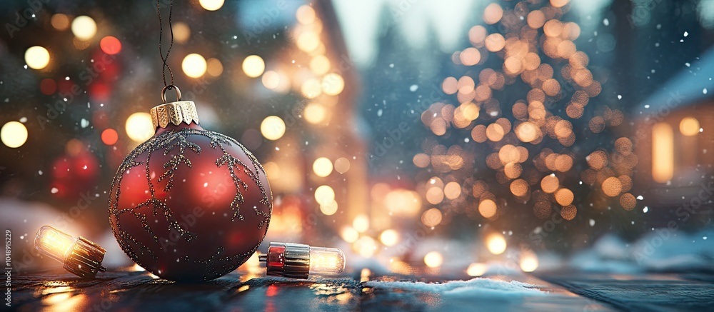 Aufkleber Christmas theme featuring Christmas bulbs and lights with a tree in the background. with copy space image. Place for adding text or design