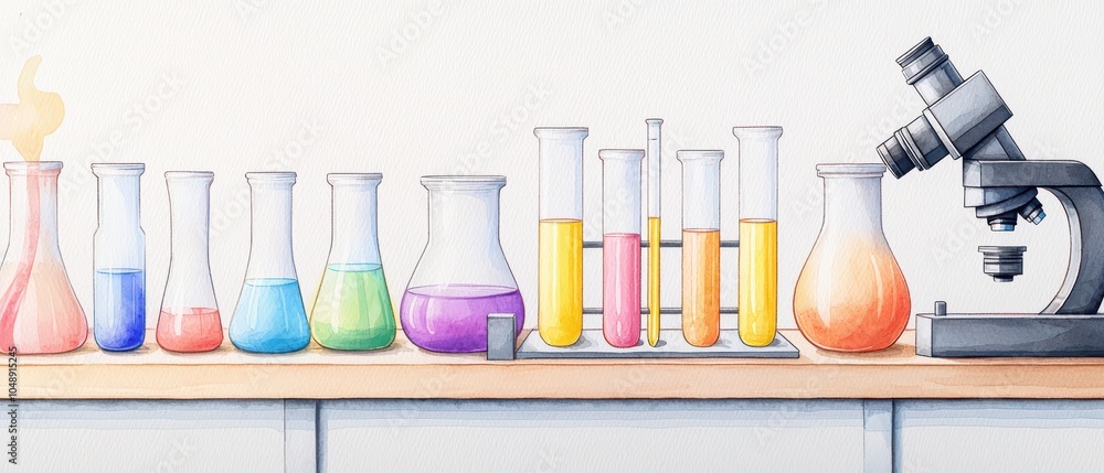 Poster a line of colorful laboratory glassware on a table with a microscope, showcasing various chemical so