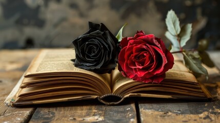 A Black and Red Rose Resting on an Open Vintage Book