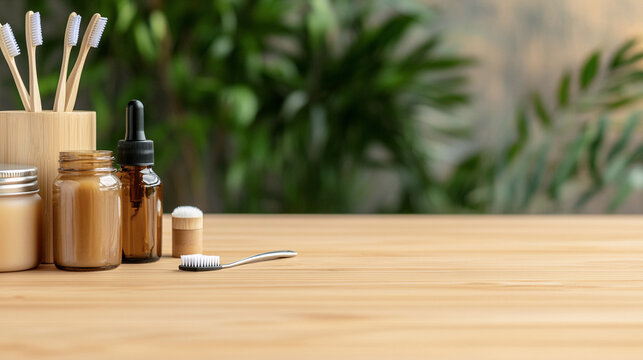 Productos ecol&oacute;gicos de cuidado personal en envases de vidrio y bamb&uacute; sobre mesa de madera, con fondo de plantas verdes