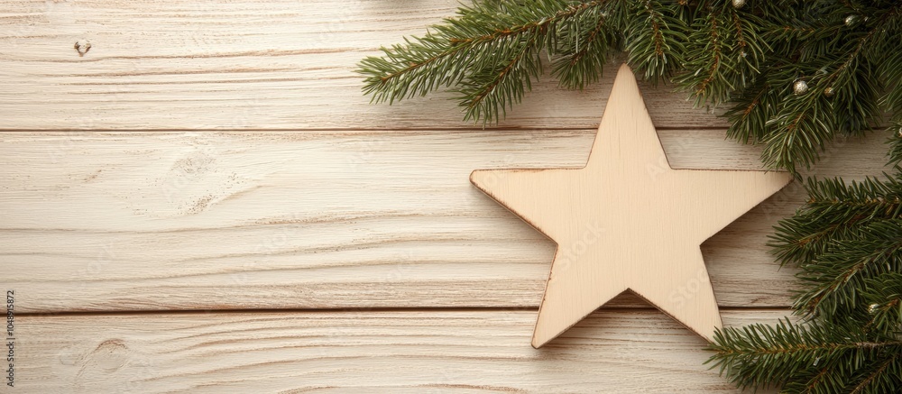 Leinwandbilder light wooden shabby background for christmas or new year featuring a flat wooden toy star and spruce