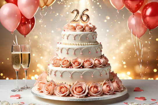 26th wedding anniversary celebration. Wedding cake, champagne and bouquet of rose flower. Romantic background.
