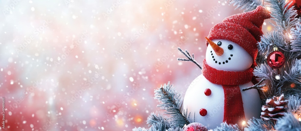 Poster Christmas and New Year festive backdrop featuring a snowman. with copy space image. Place for adding text or design