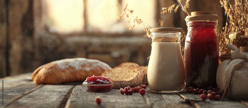 Poster jam milk and bread. with copy space image. place for adding text or design