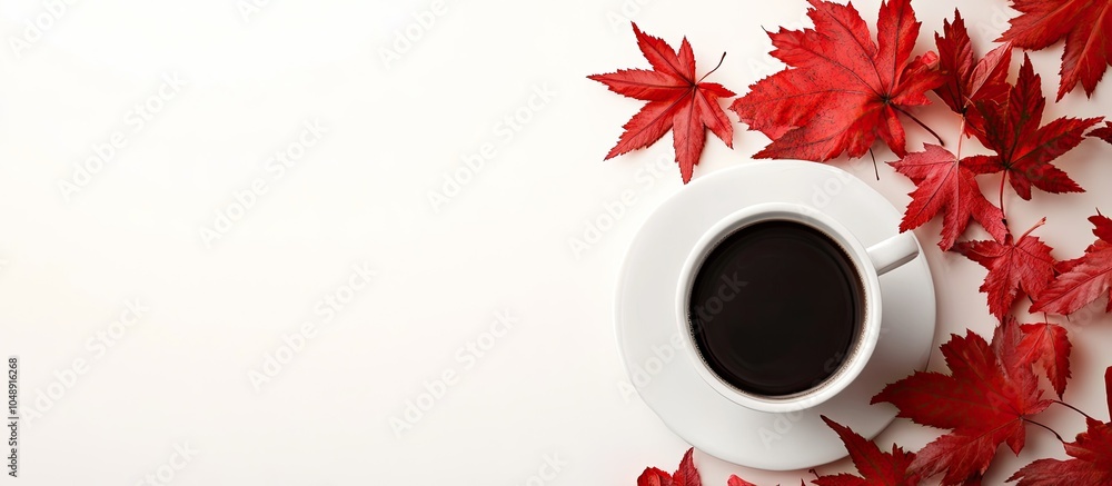 Poster Autumn arrangement featuring a cup of coffee and red maple leaves. with copy space image. Place for adding text or design