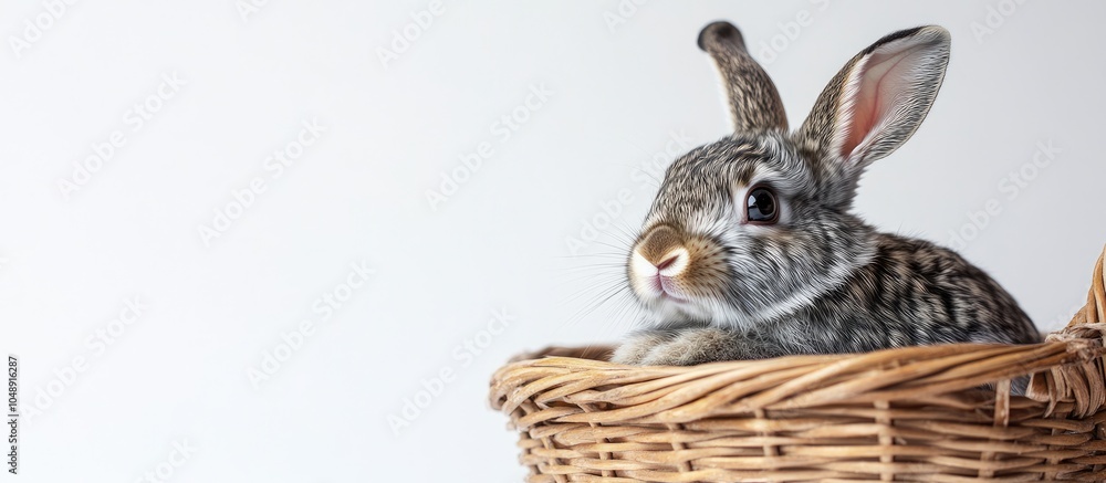 Poster Studio image of a domestic rabbit in a basket against a white background. with copy space image. Place for adding text or design
