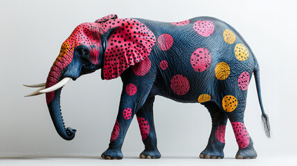 Obraz premium A captivating photoshoot featuring a real elephant adorned with vibrant, colored spots against a clean white background. Generative AI