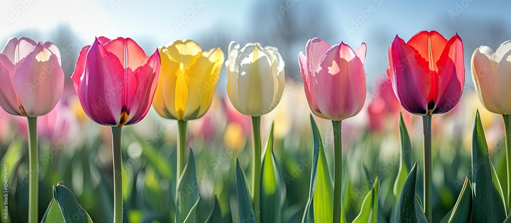 Poster lovely tulips in a dutch landscape captured from various angles. with copy space image. place for ad