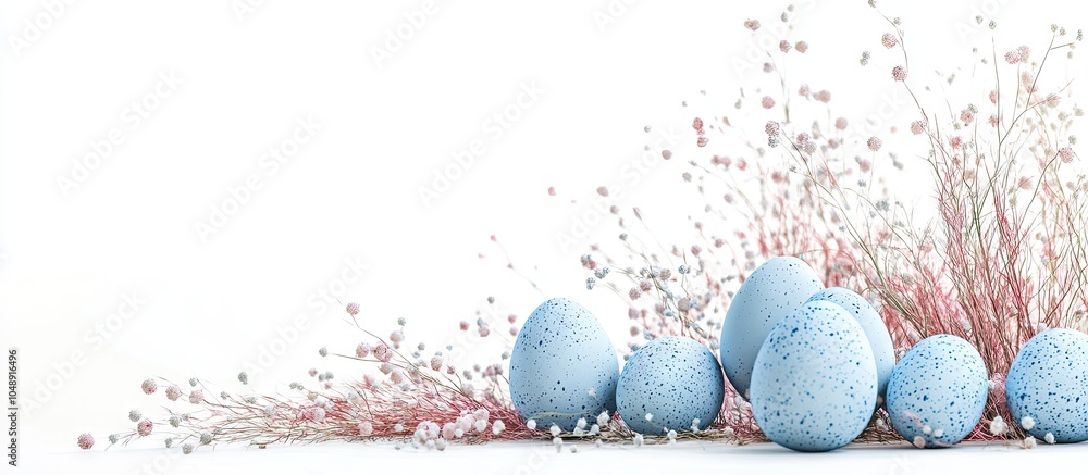 Poster composition featuring blue easter eggs and pink bunny tail grass against a white background selectiv
