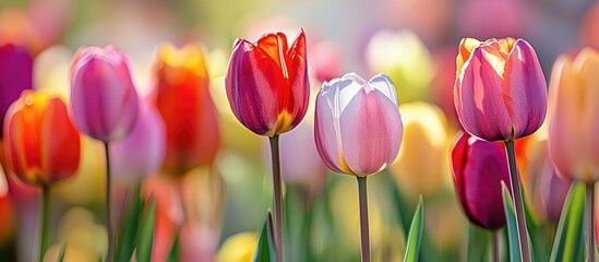 Fototapeta premium Blooming tulips in the spring garden. with copy space image. Place for adding text or design