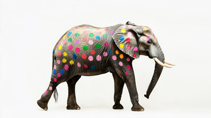 Fototapeta premium A captivating photoshoot featuring a real elephant adorned with vibrant, colored spots against a clean white background. Generative AI