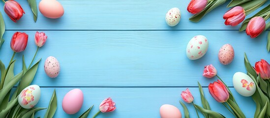 Obraz premium Easter eggs and tulips arranged in a frame on blue wood. with copy space image. Place for adding text or design