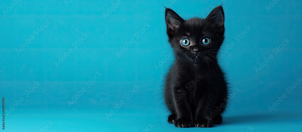 Poster adorable black kitten set against a blue background. with copy space image. place for adding text or