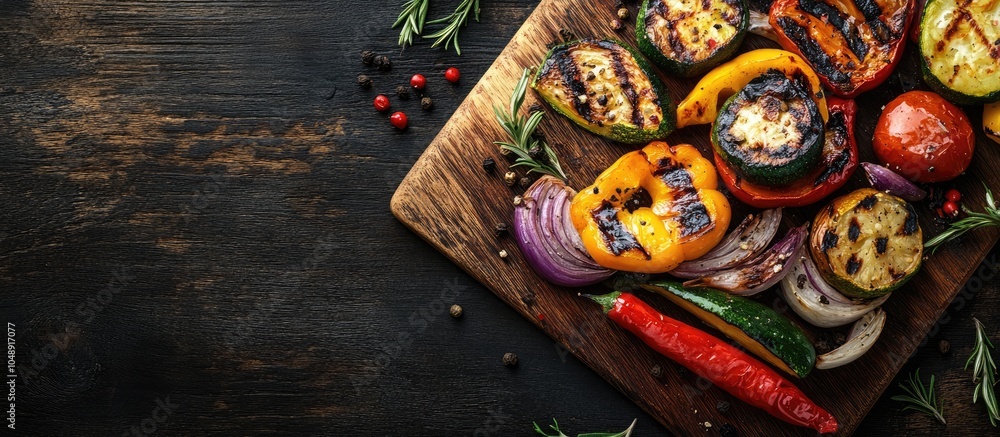 Leinwandbilder Grilled vegetables on a cutting board on a dark wooden surface. with copy space image. Place for adding text or design