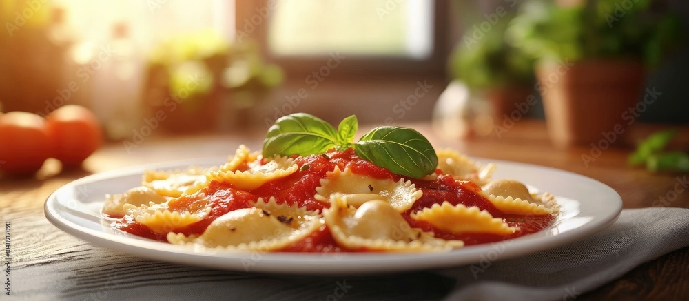 Poster plate of ravioli topped with tomato sauce on a table. with copy space image. place for adding text o