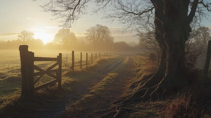 Obraz premium A rustic gate opens to a misty, old English field at sunrise, with the sun casting long shadows across the landscape. Generative AI