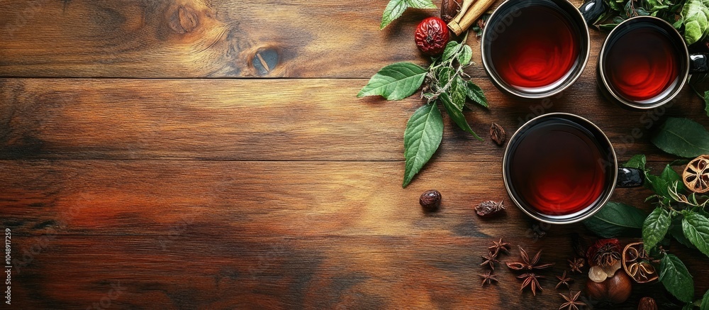 Aufkleber top view of red tea and its ingredients with copyspace on a wooden tabletop