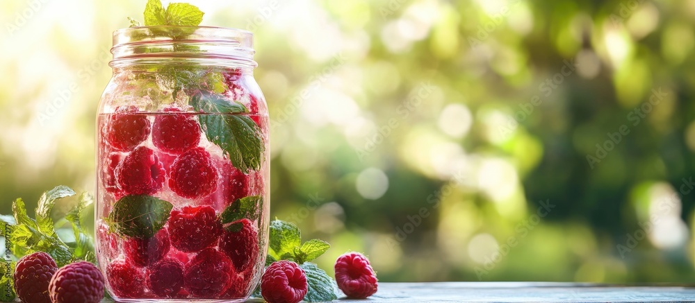 Aufkleber mason jar filled with fresh raspberry mojito on a bright table. with copy space image. place for add