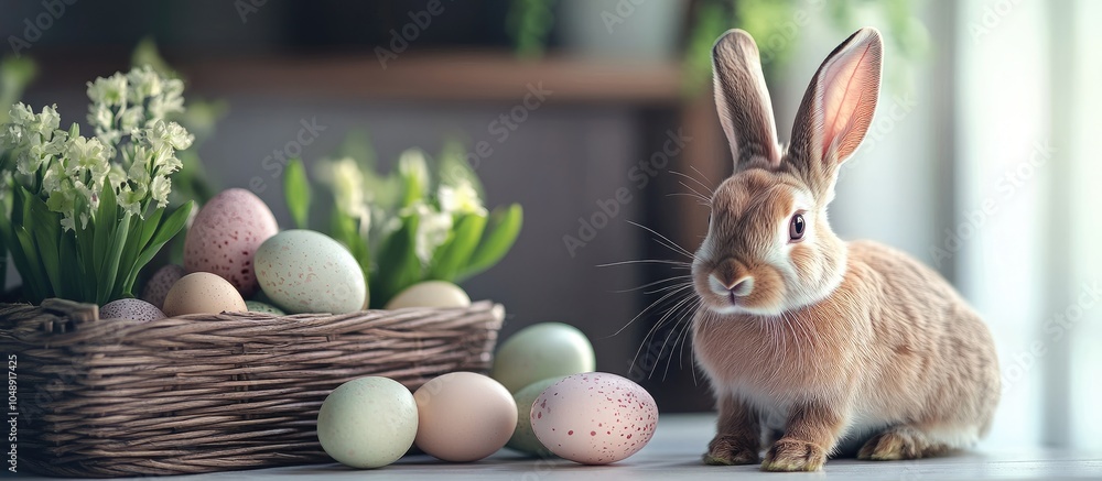 Leinwandbilder easter decor featuring a rabbit and eggs. with copy space image. place for adding text or design