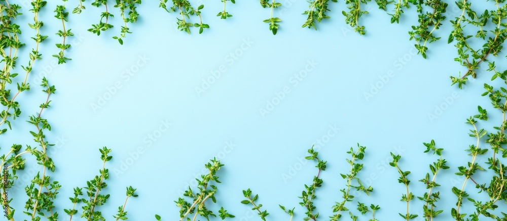 Poster thyme natural herbs arranged in a frame on a blue background with room for text. with copy space ima