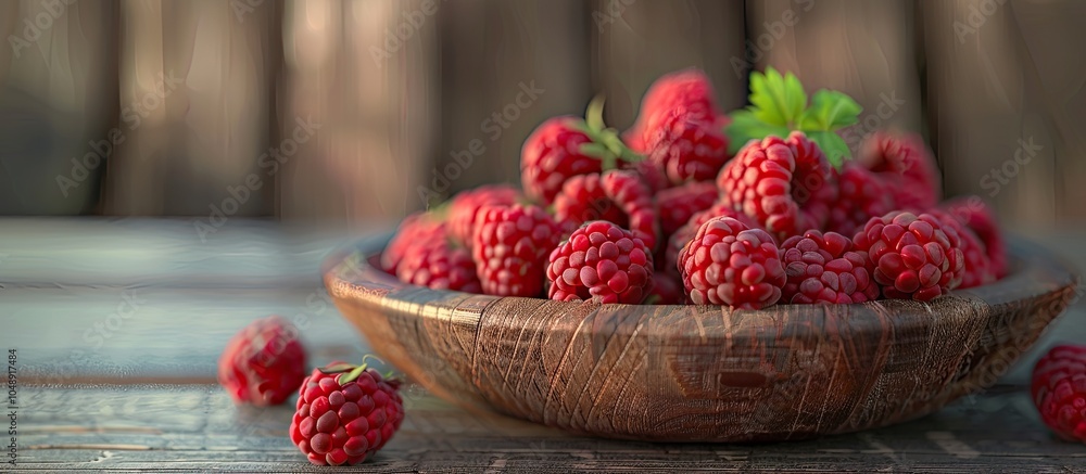 Aufkleber raspberries in a wooden dish raspberries on a wooden surface. with copy space image. place for addin