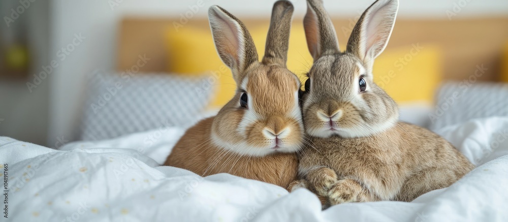 Poster Two Easter bunnies in the bed. with copy space image. Place for adding text or design