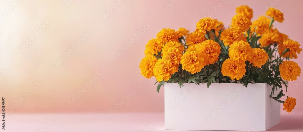 Aufkleber White box featuring autumn marigold flowers on a soft pink background Area for text inclusion Card with tagetes Design component. with copy space image. Place for adding text or design