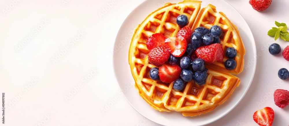 Leinwandbilder tasty dessert waffle topped with fruit. with copy space image. place for adding text or design