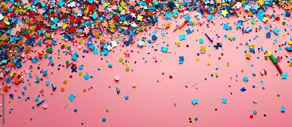 Aufkleber Colorful confetti party themed background from a top view. with copy space image. Place for adding text or design