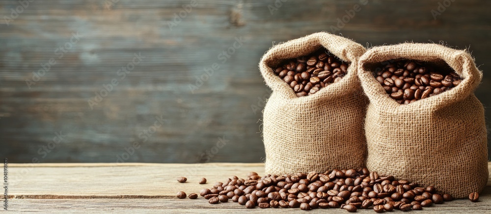 Poster Bags filled with coffee beans on a wooden surface. with copy space image. Place for adding text or design