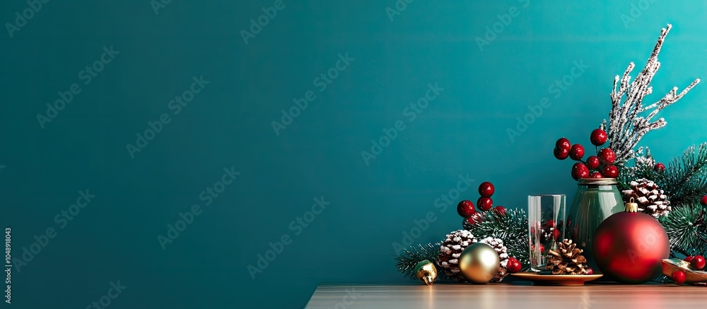 Poster Beautifully arranged table for a Christmas celebration against a colored background. with copy space image. Place for adding text or design