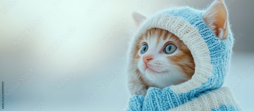 Poster kitten dressed in winter attire attractive web banner with copyspace kitten in a white and blue hood