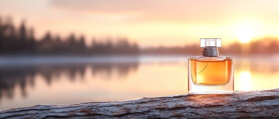  A bottle of perfume atop a log, facing a serene body of water Sunset painted the sky behind