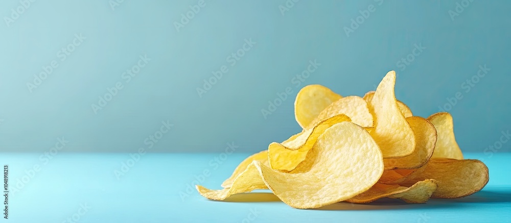 Aufkleber Potato chips on a blue table high in calories referred to as mild drag. with copy space image. Place for adding text or design