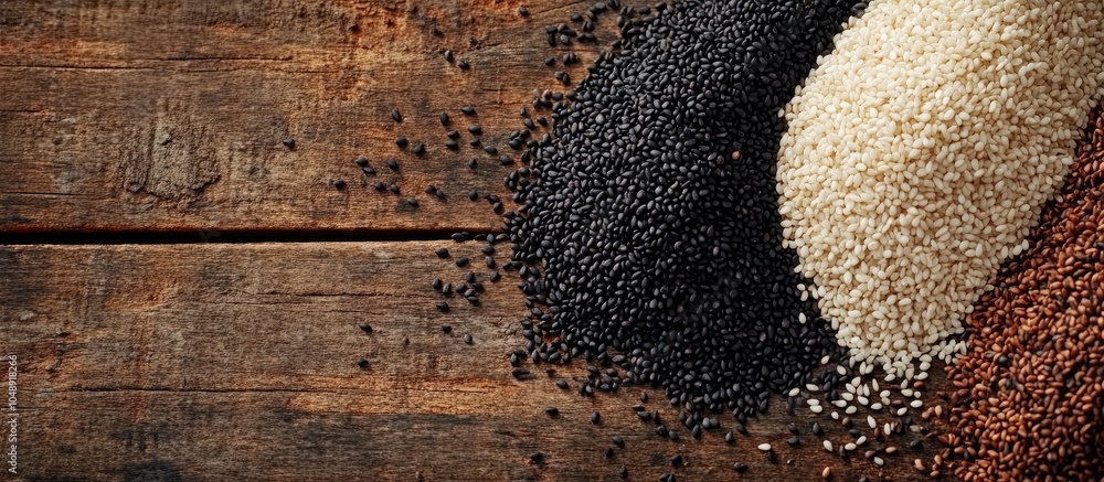 Poster Black sesame and white sesame seeds on a wooden table. with copy space image. Place for adding text or design