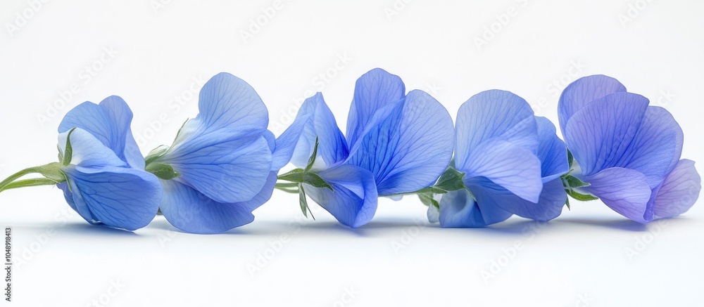 Poster Studio shot of blue sweet pea flowers set against a white background Large depth of field DOF Macro. with copy space image. Place for adding text or design