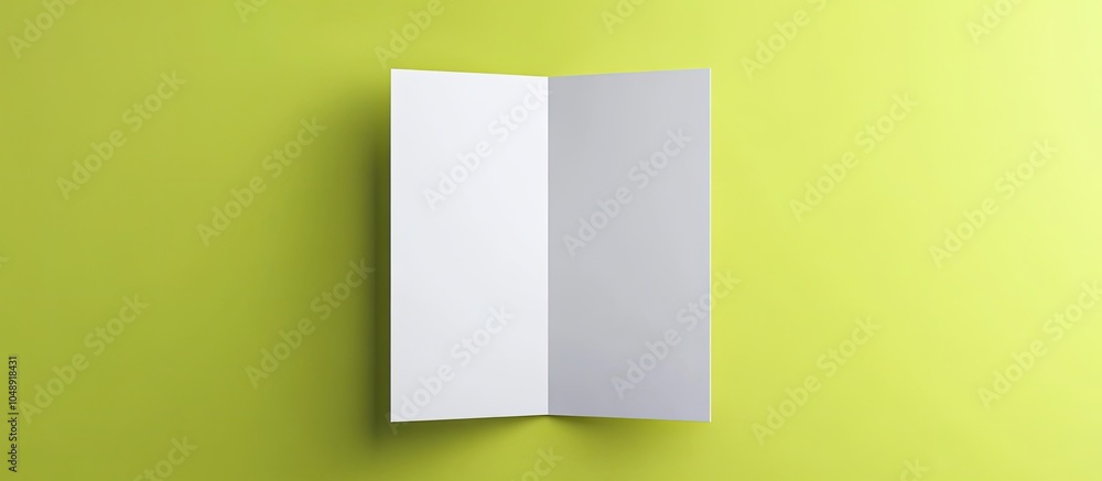 Aufkleber mockup of a blank white tri fold brochure on a green background. with copy space image. place for ad