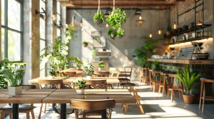 Fototapeta premium A Sunny, Plant-Filled Cafe Interior with Wooden Tables and Chairs